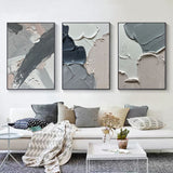 Large 3D Gray Abstract Art on Canvas Set of 3 Plaster Wall Art Textured Wall Decor Painting Set of 3