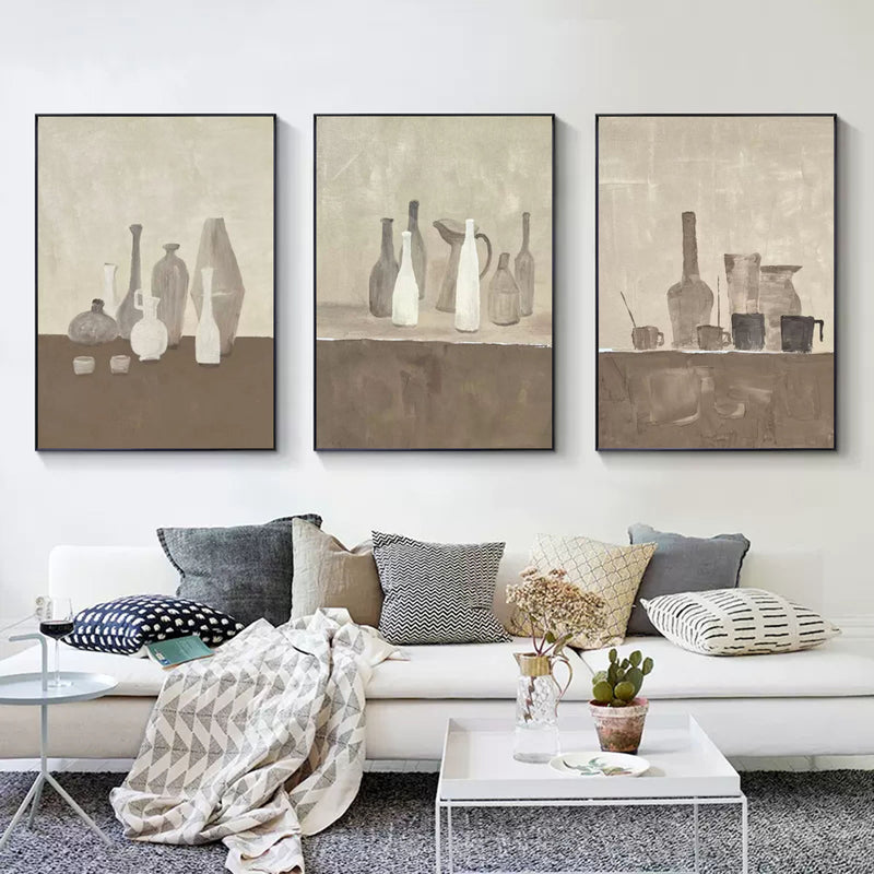 Large 3D Gray and Brown Oil Painting Set of 3 Still Life Oil Painting 3 piece set Wabi Sabi Wall Art