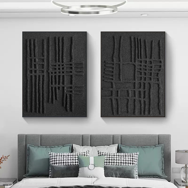 Black 3D Minimalist Abstract Canvas Art Set of 2 Textured Wall Art Black Minimalist Painting Set of 2