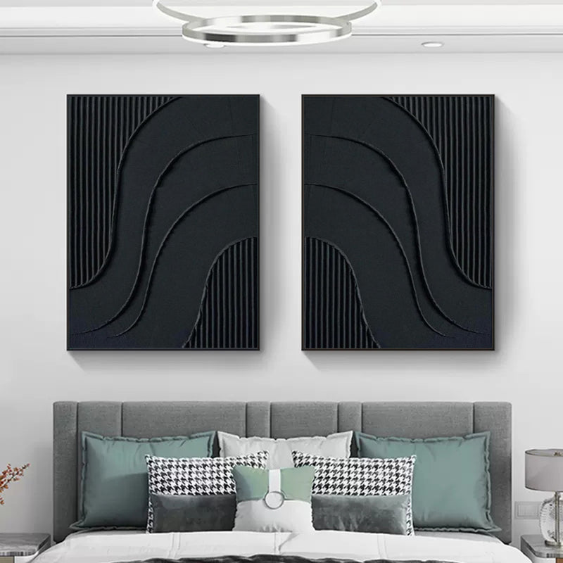 Black 3D Minimalist Abstract Canvas Art Set of 2 Black Textured Wall Painting Set of 2 Plaster Wall Art Set of 2