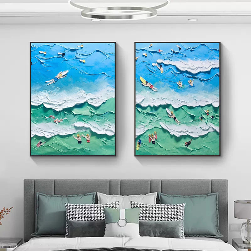 Seaside Surf Paintings on Canvas Blue Sea 3D Texture Painting Set of 2 White 3D Plaster Art Swimming Paintings