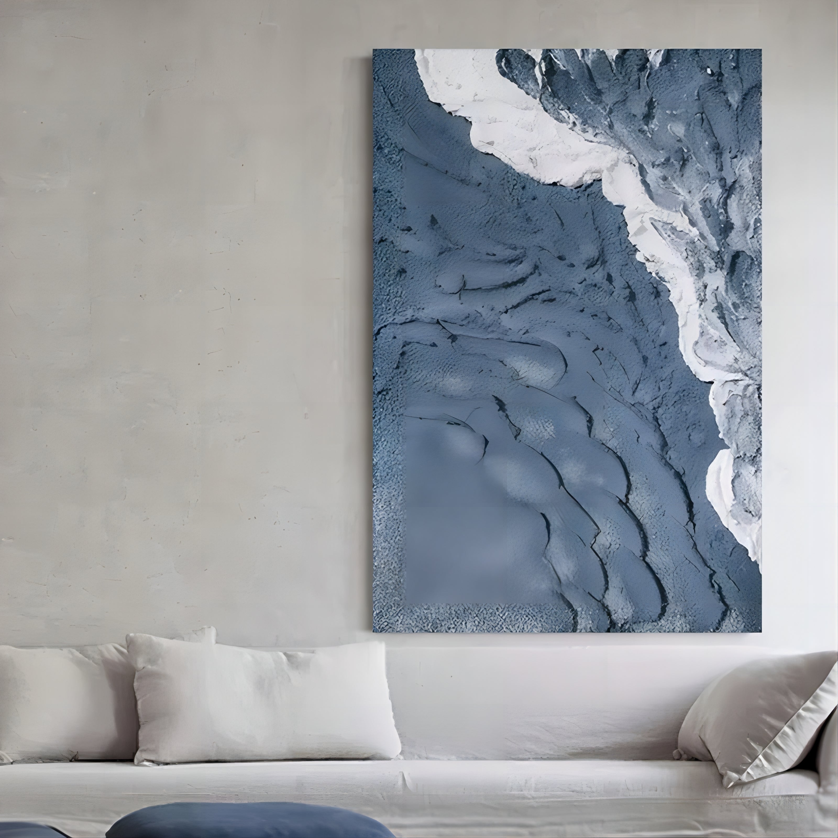 Large Blue 3D Sea Texture Painting Textured Wall Art Plaster Wall Art Mixed Media Canvas Art