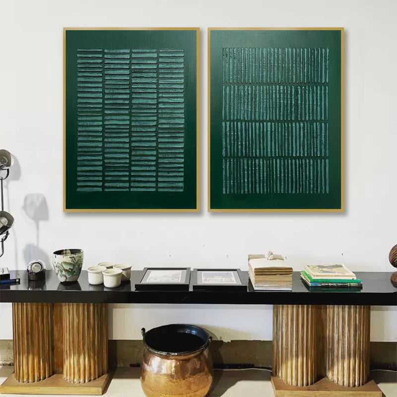 Set of 2 3D Dark Green Abstract Art Canvas 3D Dark Green Textured Painting Set of 2 Wabi-Sabi Wall Art Set of 2