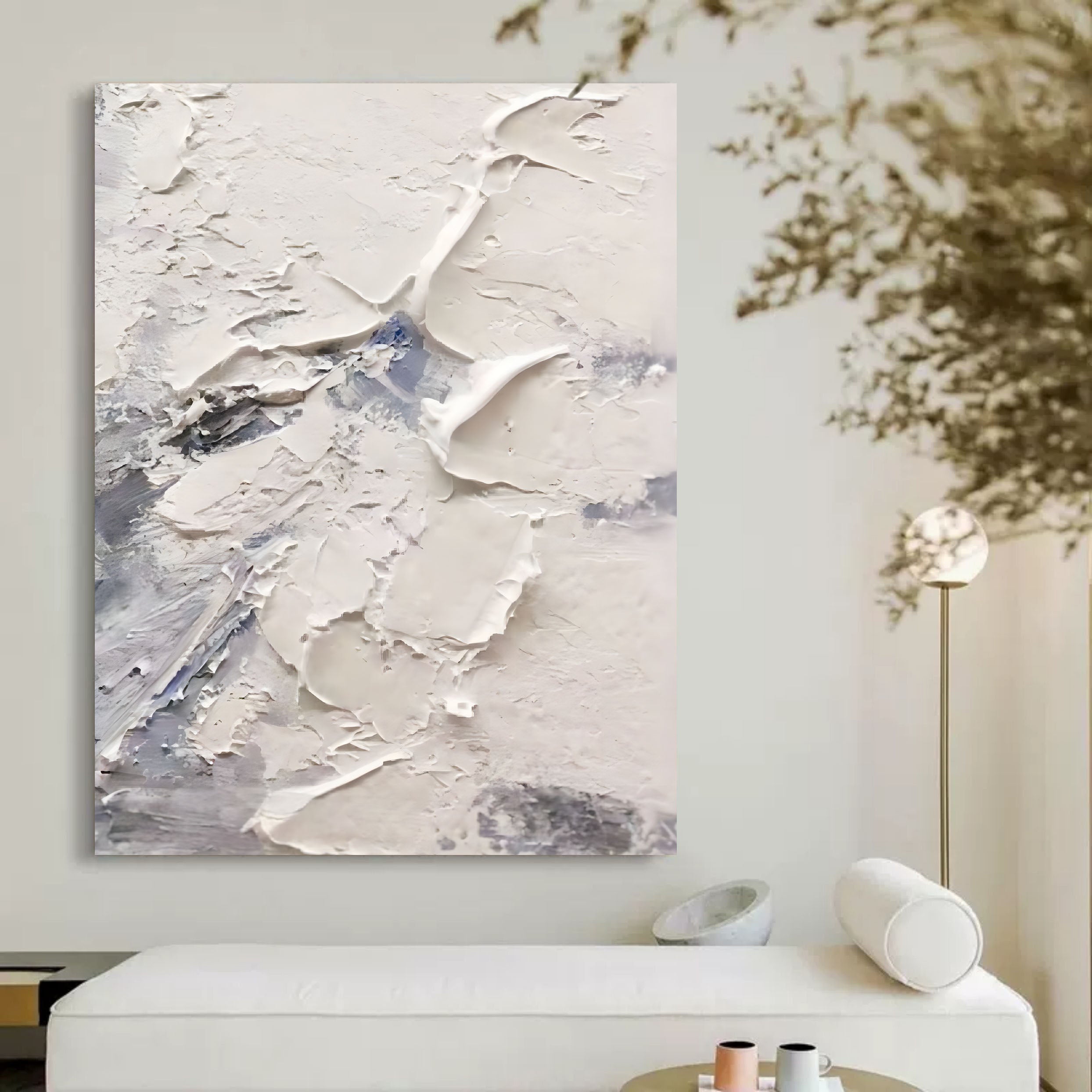 Large White 3D Abstract Art Plaster Art On Canvas Plaster Wall Art Heavy Textured Acrylic Painting