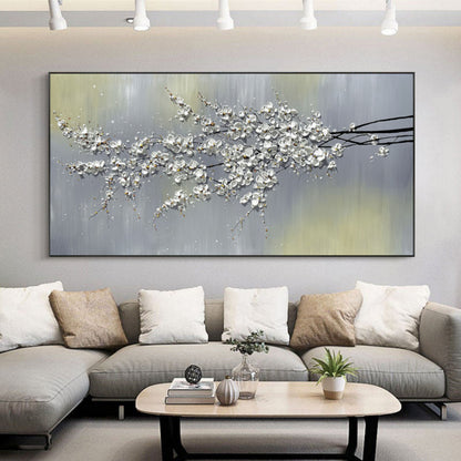 Large White 3D Flowers Painting Panoramic White Flowers Wall Art Flowers Textured Acrylic Painting Flowers Plaster Art