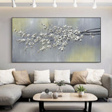 Large White 3D Flowers Painting Panoramic White Flowers Wall Art Flowers Textured Acrylic Painting Flowers Plaster Art