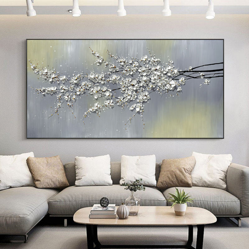 Large White 3D Flowers Painting Panoramic White Flowers Wall Art Flowers Textured Acrylic Painting Flowers Plaster Art