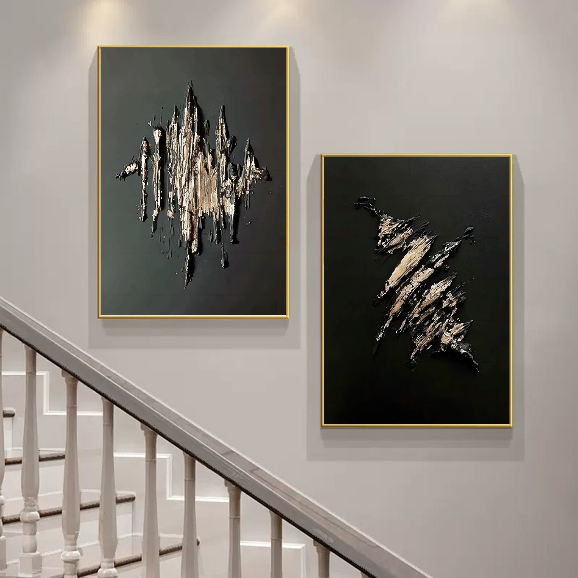 Large Black and Gold 3D Abstract Art Textured Wall Art Plaster Wall Art Minimalist Painting Set of 2
