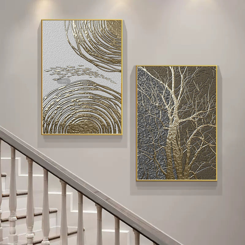Gold 3D Abstract Painting Set of 2 Gold Textured Acrylic Canvas Art Set of 2 Luxury Living Room Wall Painting