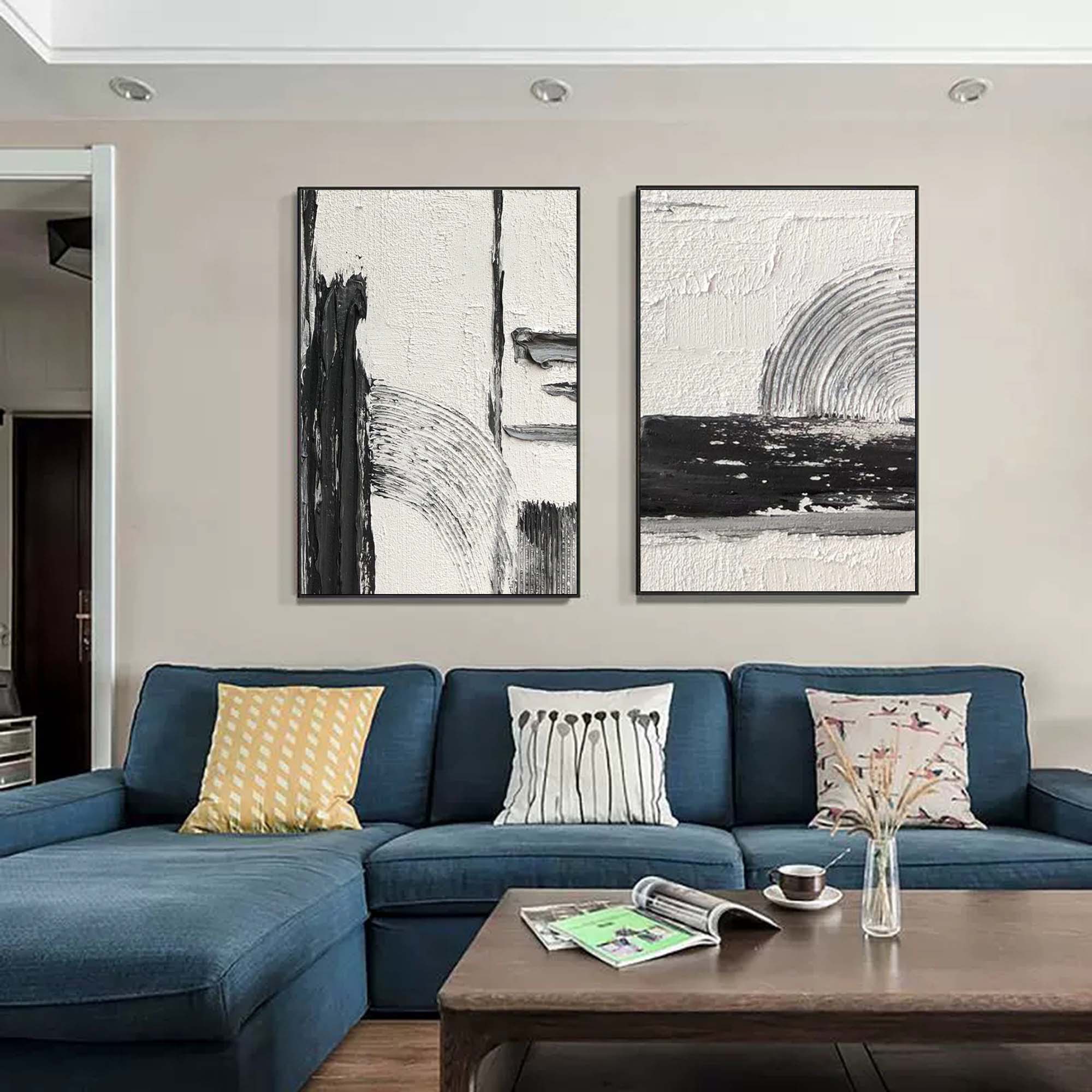 Black and White Abstract Canvas Art Set of 2 Black and White Oil Painting Textured Wall Art Set of 2 Modern Abstract Art