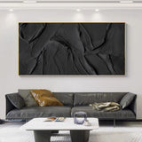 Panoramic Black 3D Abstract Painting Large Black Textured Wall Art Modern Minimalist Black Abstract Canvas Art