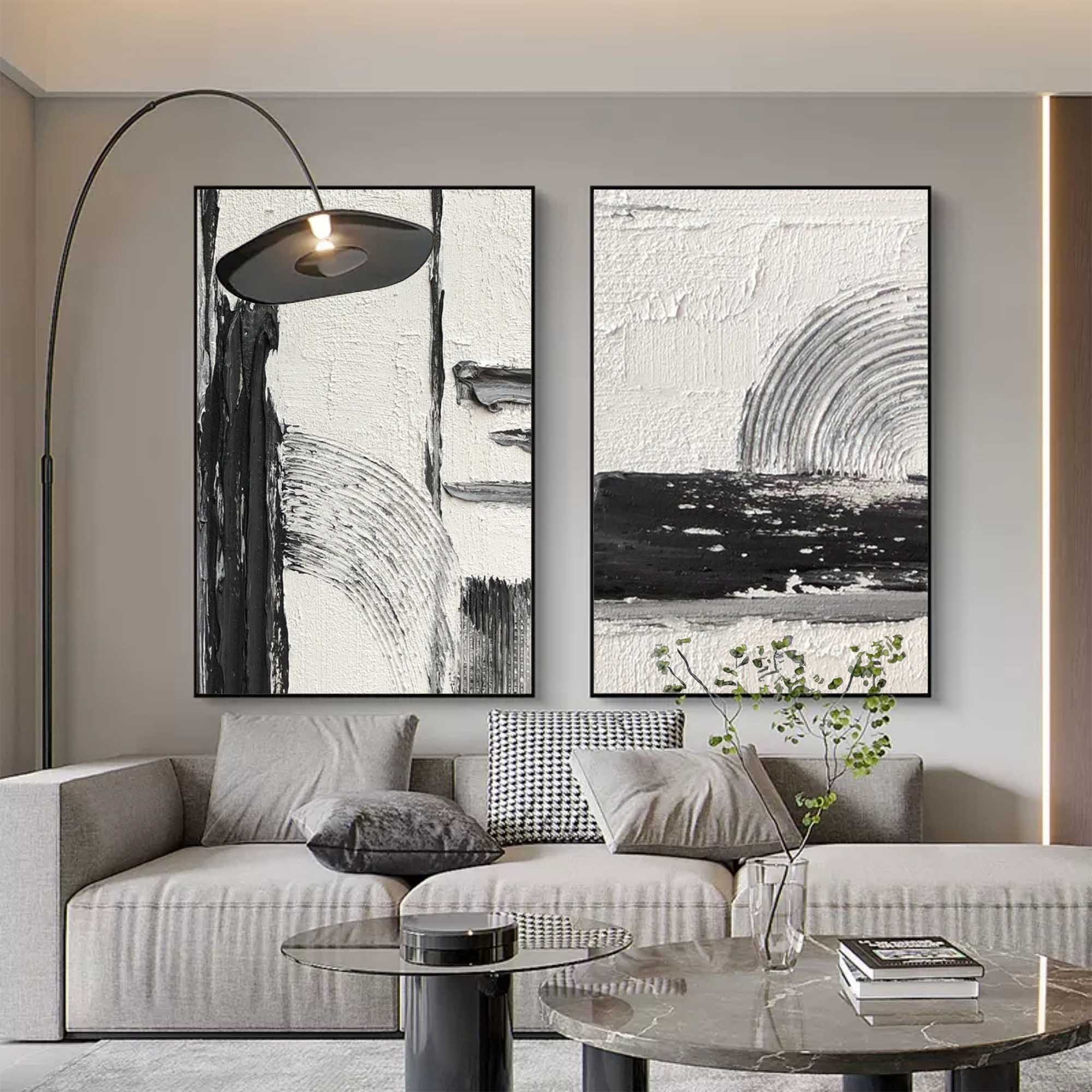 Black and White Abstract Canvas Art Set of 2 Black and White Oil Painting Textured Wall Art Set of 2 Modern Abstract Art