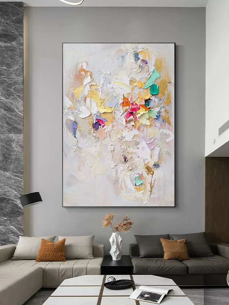 Large Beige 3D Abstract Art Colorful Minimalist Canvas Painting Textured Wall Art 3D Plaster Art