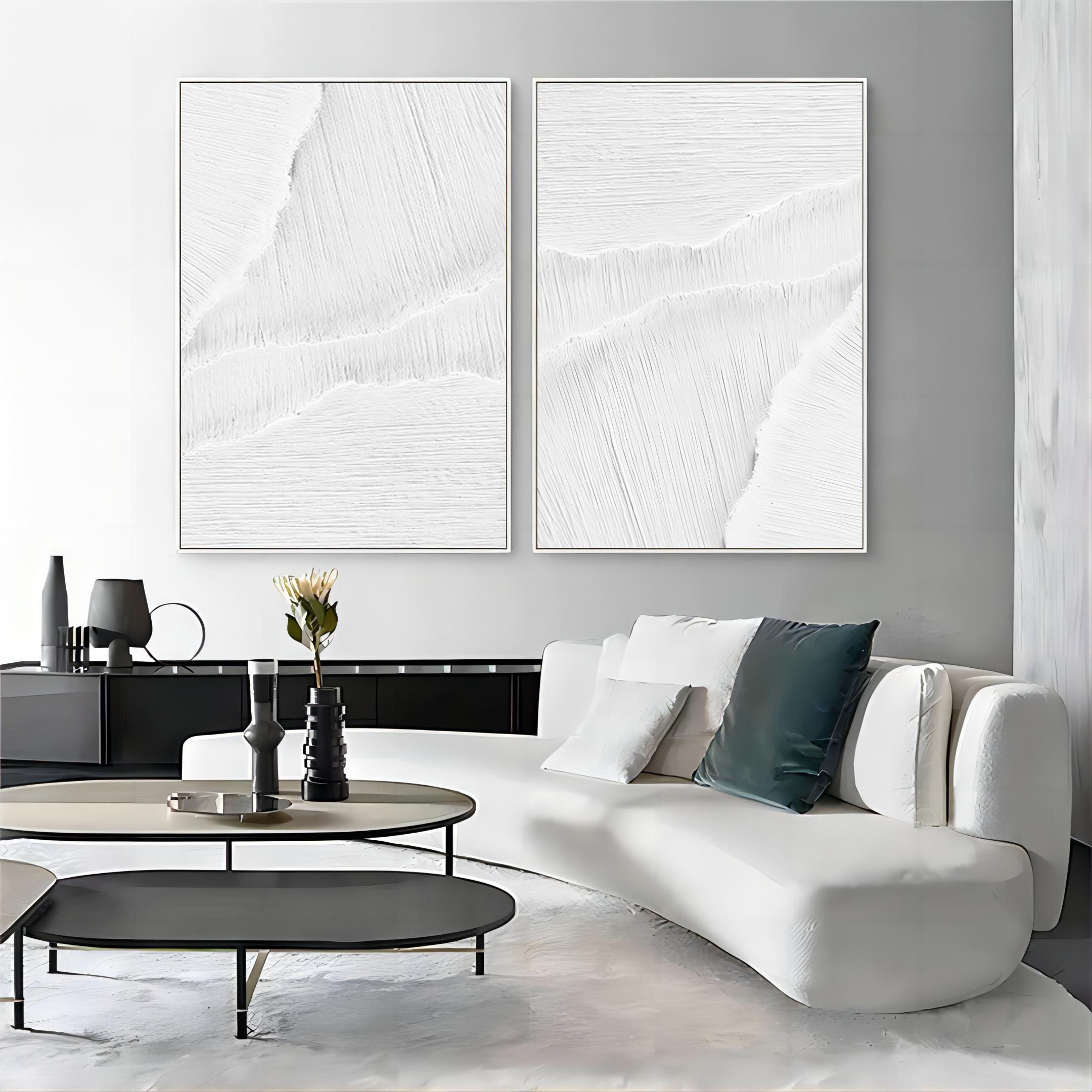 Large White 3D Abstract Art Textured Wall Art Plaster Wall Art Minimalist Canvas Painting Set of 2