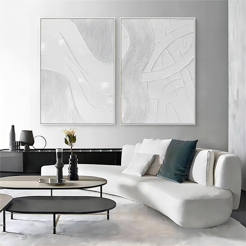 Large White 3D Abstract Art Textured Wall Art Plaster Wall Art Minimalist Canvas Paintings Set of 2