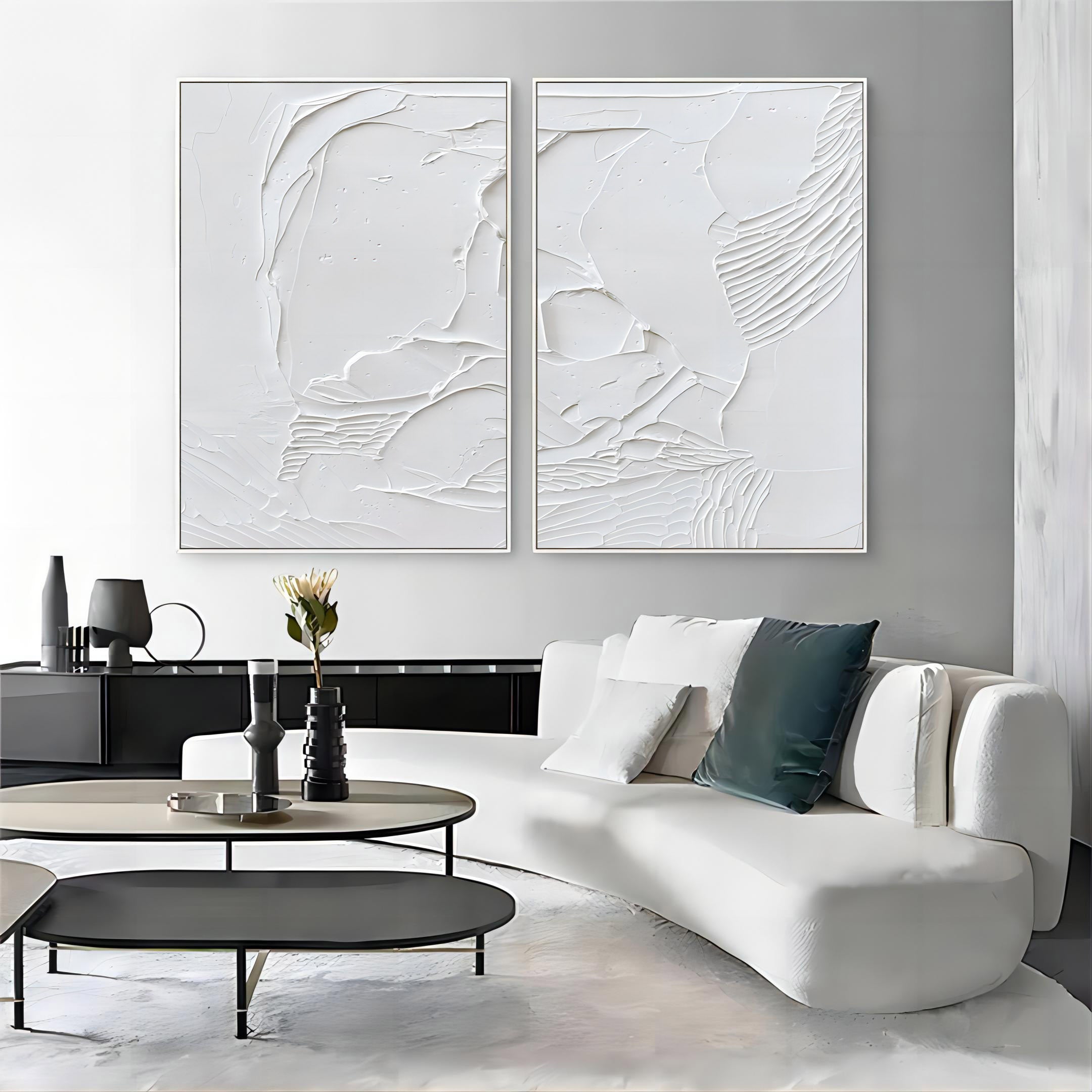 Large White 3D Abstract Art Textured Wall Art Plaster Wall Art Minimalist Canvas Painting Set of 2