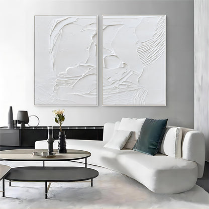 Large White 3D Abstract Art Textured Wall Art Plaster Wall Art Minimalist Canvas Painting Set of 2