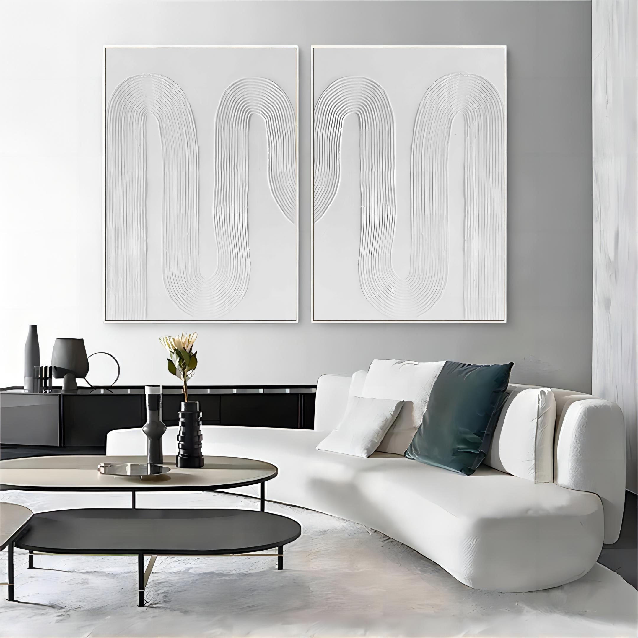 Large White 3D Abstract Art Textured Wall Art Plaster Wall Art Minimalist Canvas Painting Set of 2
