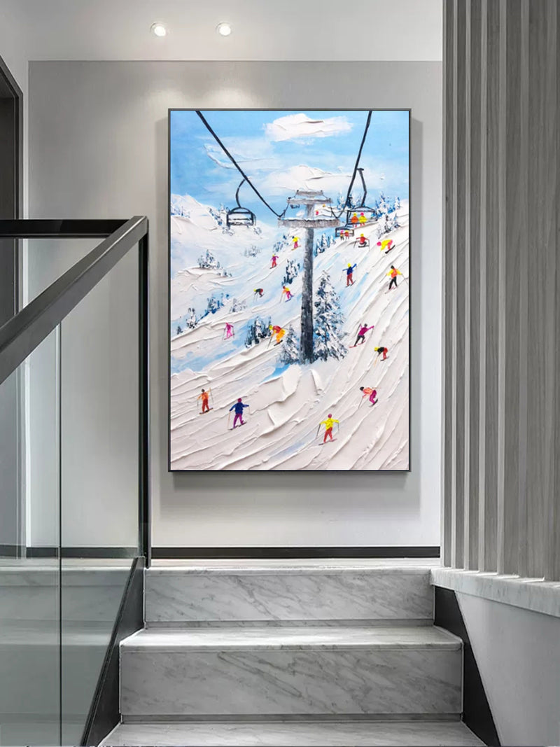 Skier Painting Snow Mountain Skiing 3D Landscape Painting Snow Landscape Painting 3D Plaster Art