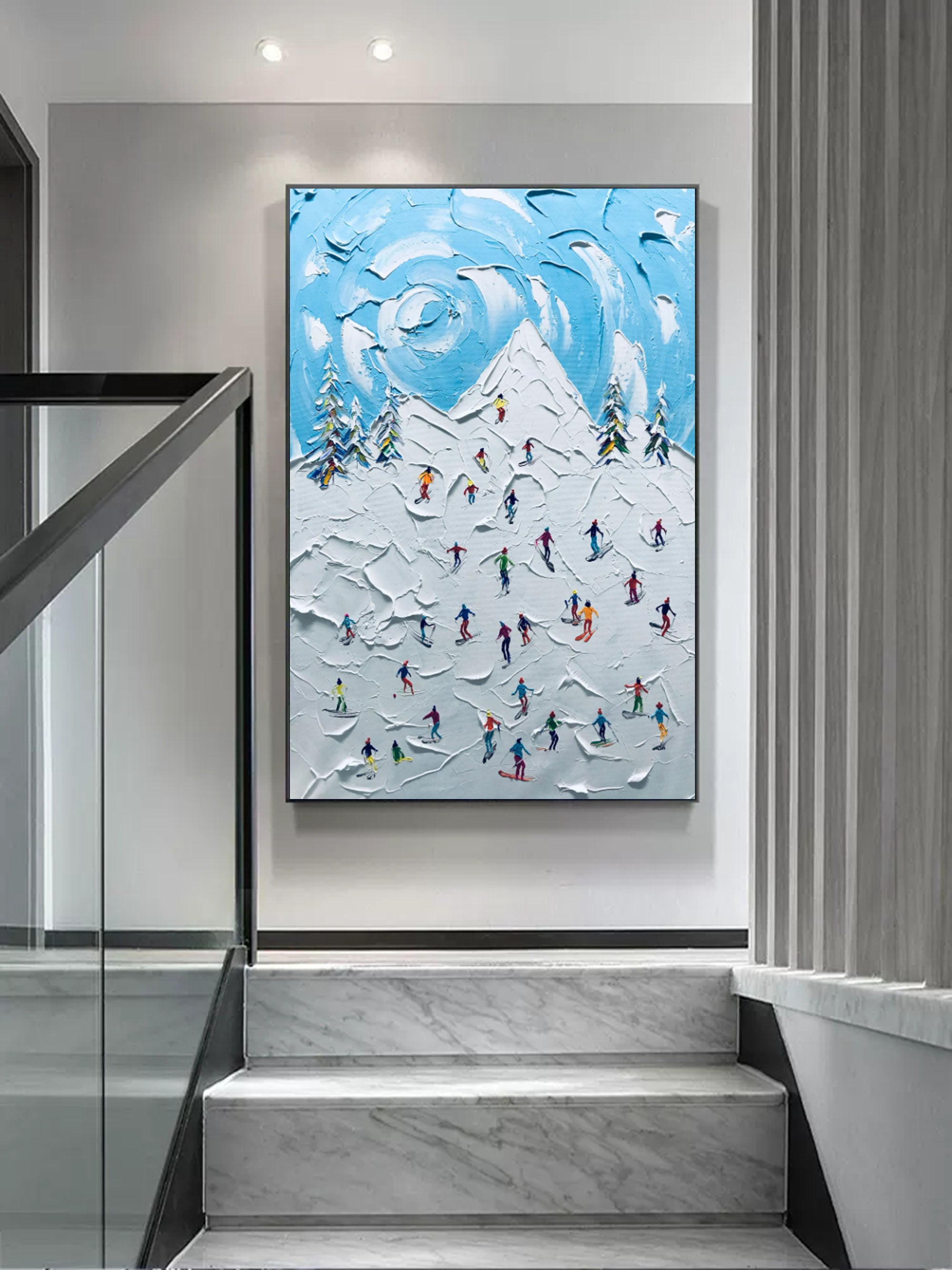 Skier Painting Snow Mountain Skier 3D Landscape Painting Snow Landscape Painting 3D Plaster Art