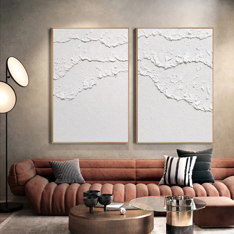White 3D Abstract Painting Set of 2 White Plaster Art Set of 2 Plaster texture Wall Art Plaster Canvas Art Home Decor