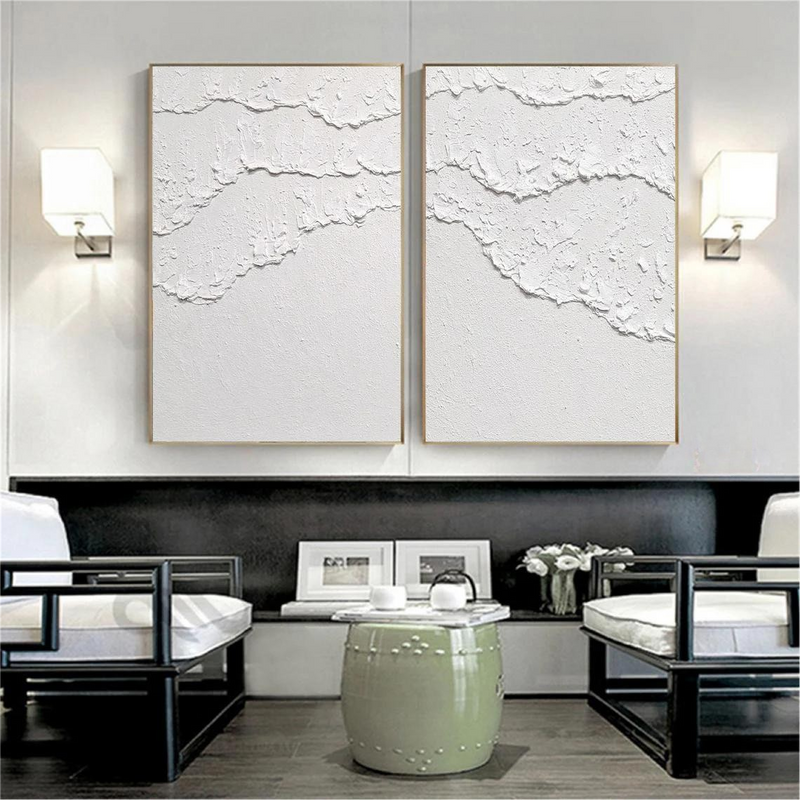 White 3D Abstract Painting Set of 2 White Plaster Art Set of 2 Plaster texture Wall Art Plaster Canvas Art Home Decor