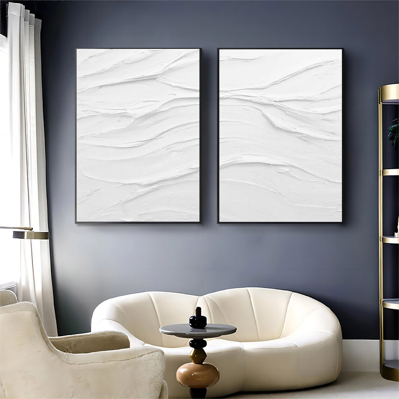 Large White 3D Abstract Art Textured Wall Art Plaster Wall Art Minimalist Canvas Paintings Set of 2