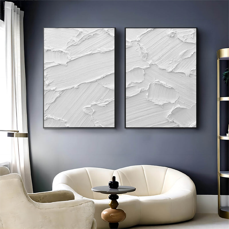 Large White 3D Abstract Art Textured Wall Art Plaster Wall Art Minimalist Canvas Paintings Set of 2