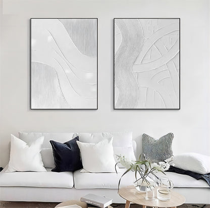 Large White 3D Abstract Art Textured Wall Art Plaster Wall Art Minimalist Canvas Paintings Set of 2
